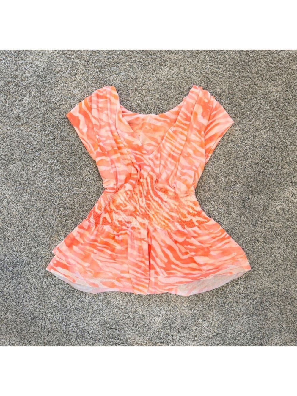 DR2 Women Orange Zebra Print Mesh Smocked Peplum Top V-Neck Size S Summer Vibe